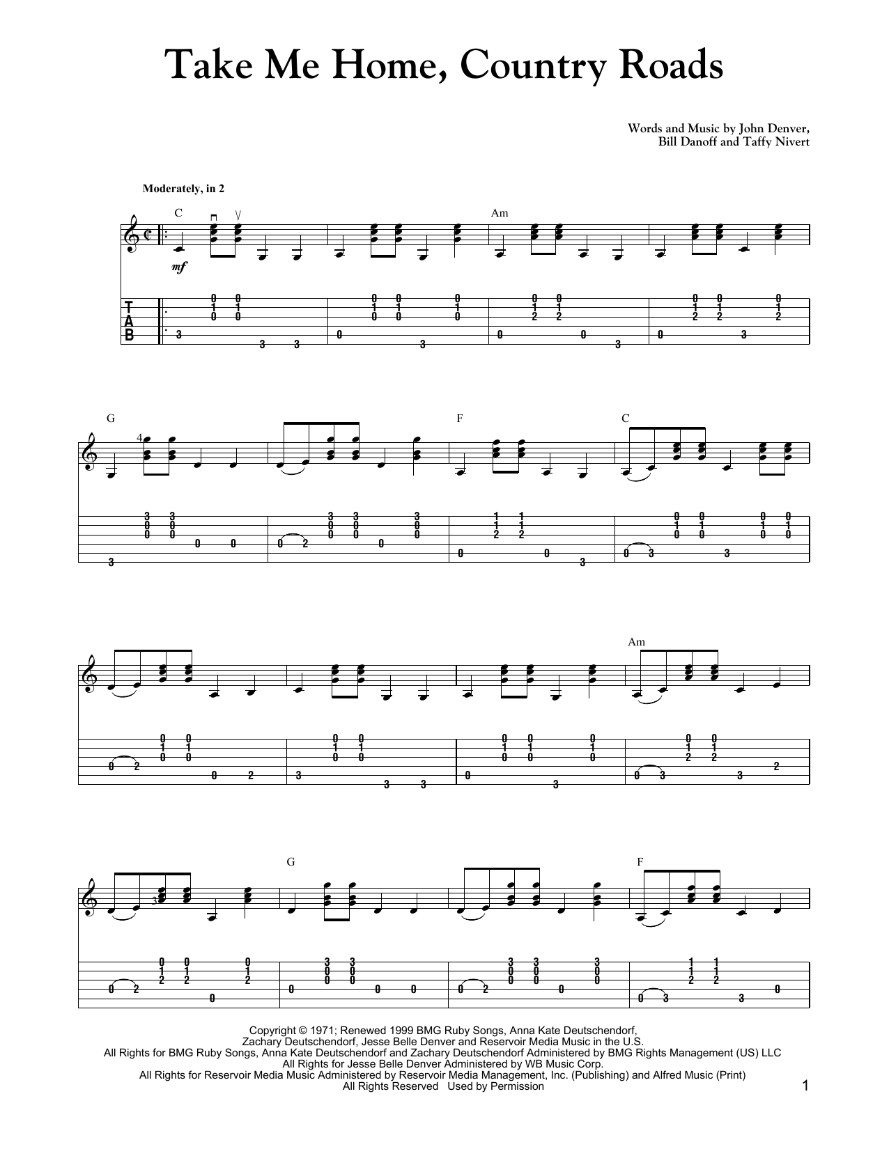 Download Carter Style Guitar Take Me Home, Country Roads Sheet Music