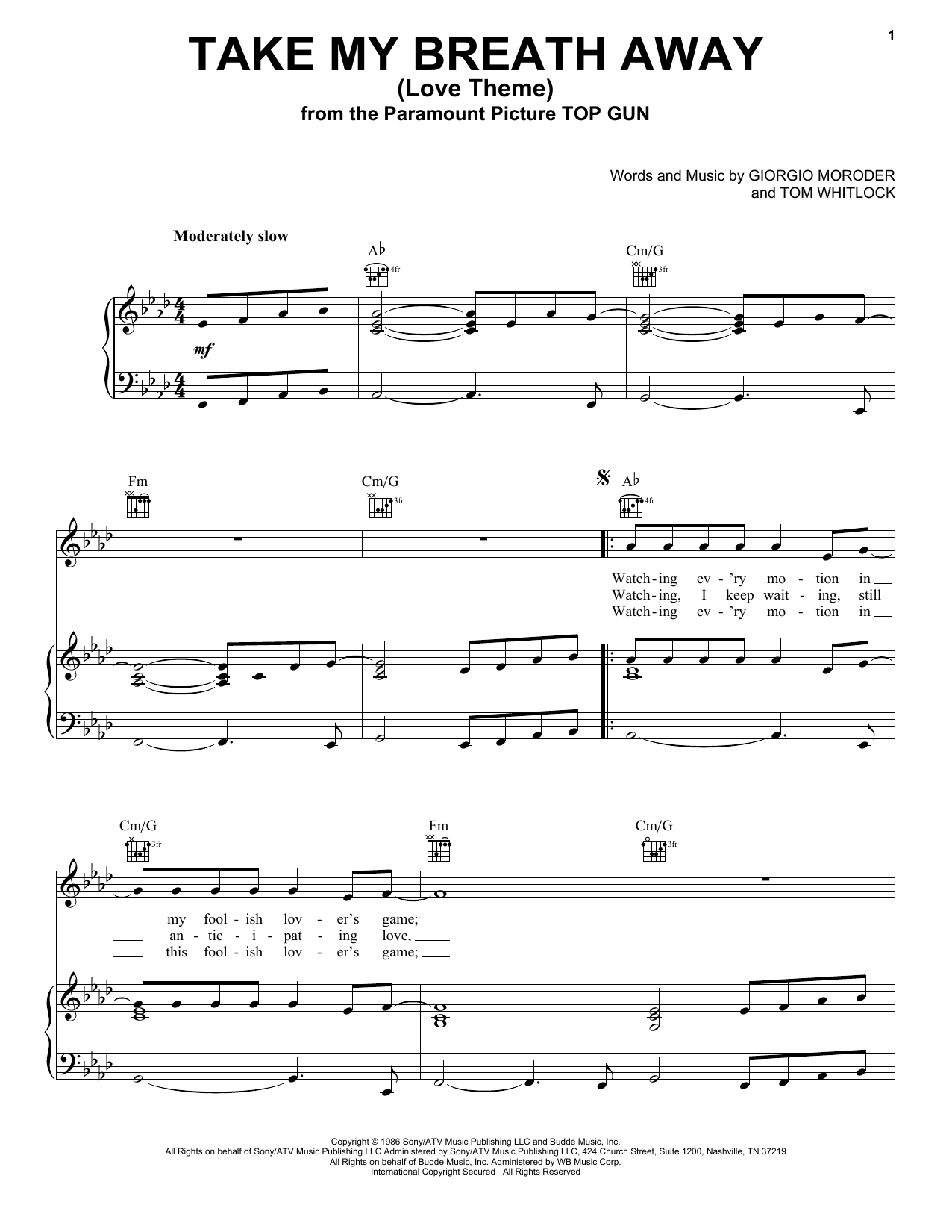 Berlin Take My Breath Away (Love Theme) sheet music notes printable PDF score