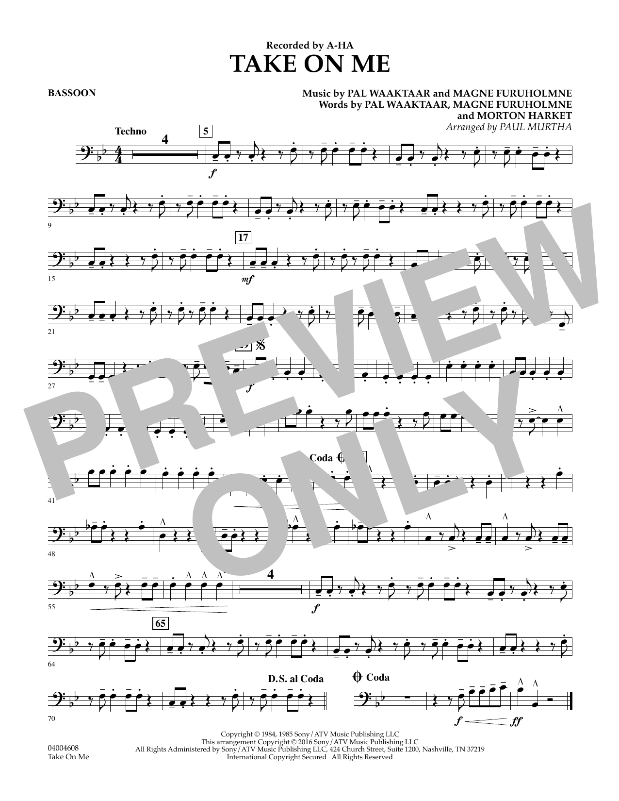 Download Paul Murtha Take on Me - Bassoon Sheet Music