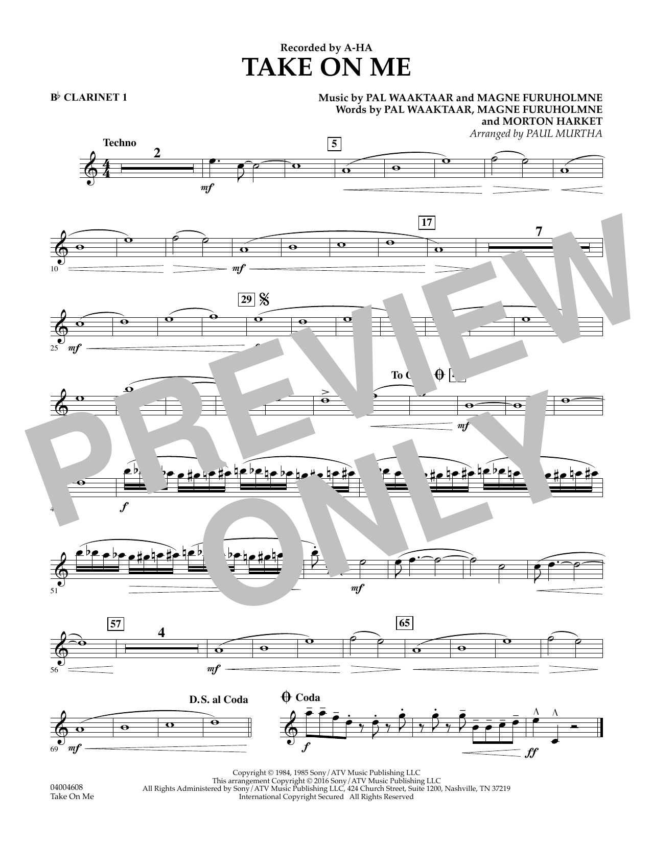 Download Paul Murtha Take on Me - Bb Clarinet 1 Sheet Music