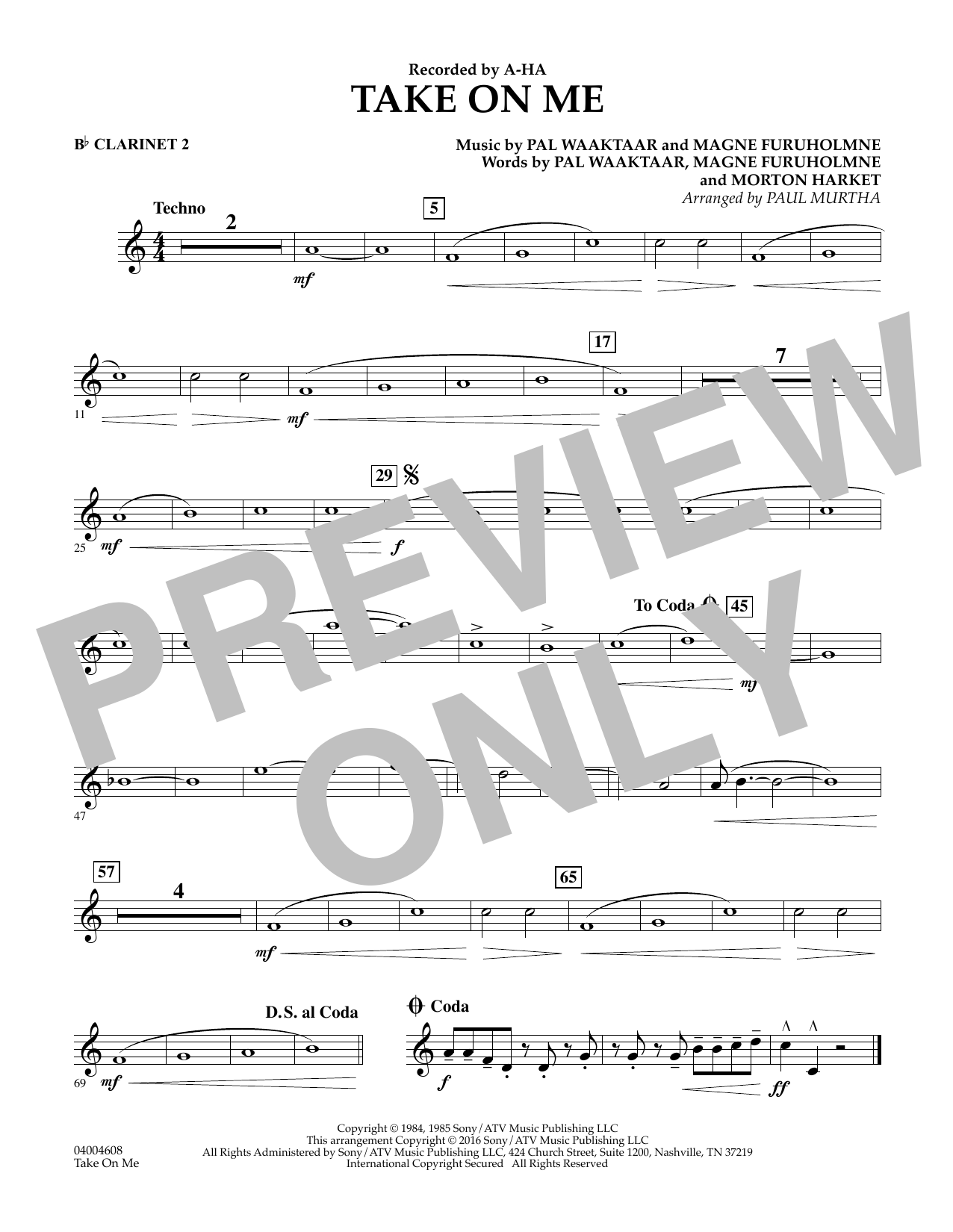 Download Paul Murtha Take on Me - Bb Clarinet 2 Sheet Music