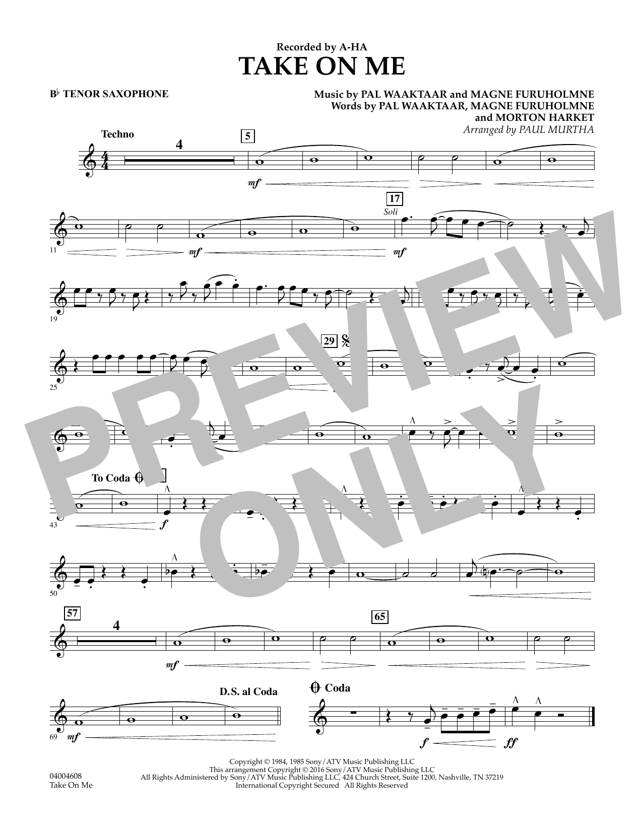 Download Paul Murtha Take on Me - Bb Tenor Saxophone Sheet Music