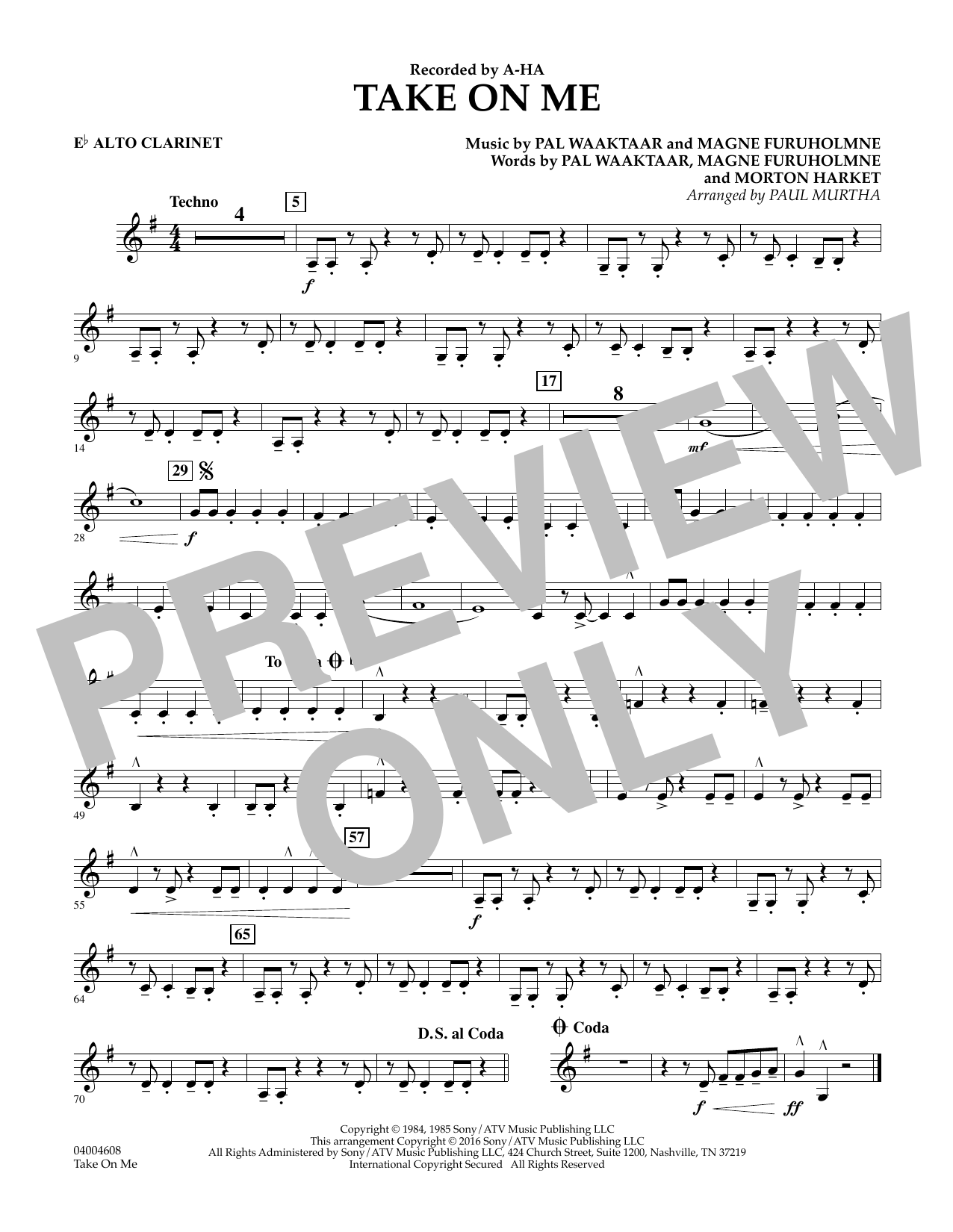 Download Paul Murtha Take on Me - Eb Alto Clarinet Sheet Music
