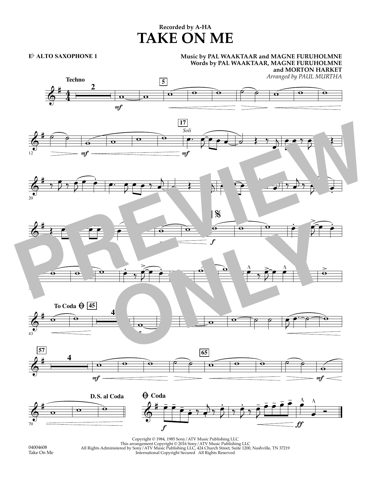 Download Paul Murtha Take on Me - Eb Alto Saxophone 1 Sheet Music