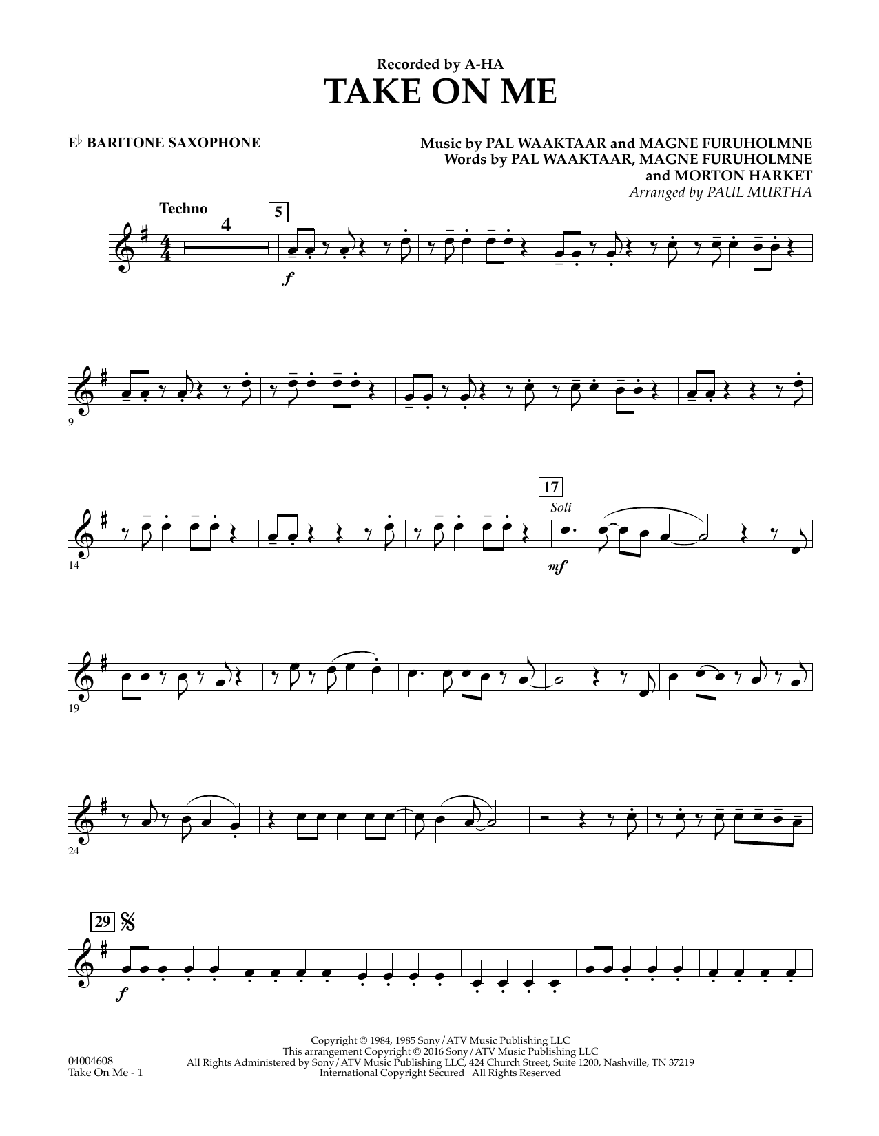 Download Paul Murtha Take on Me - Eb Baritone Saxophone Sheet Music
