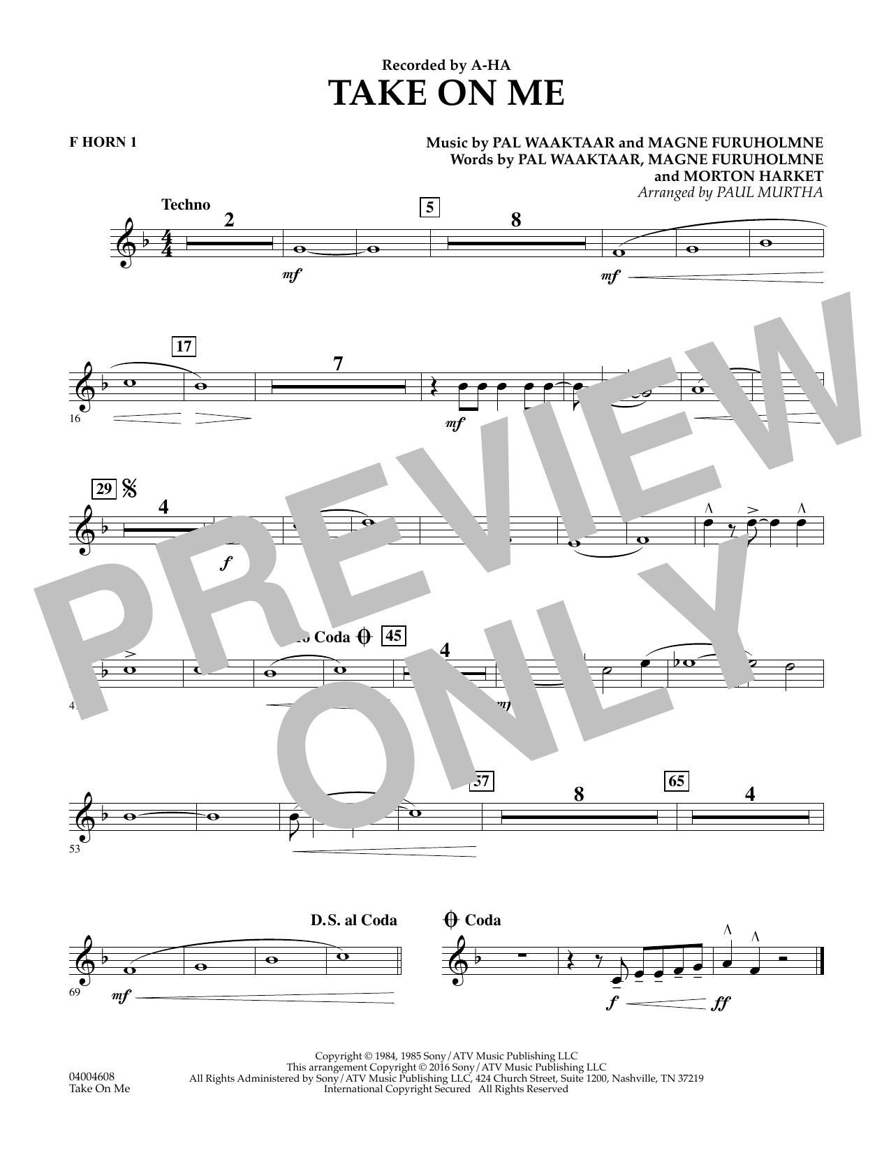 Download Paul Murtha Take on Me - F Horn 1 Sheet Music