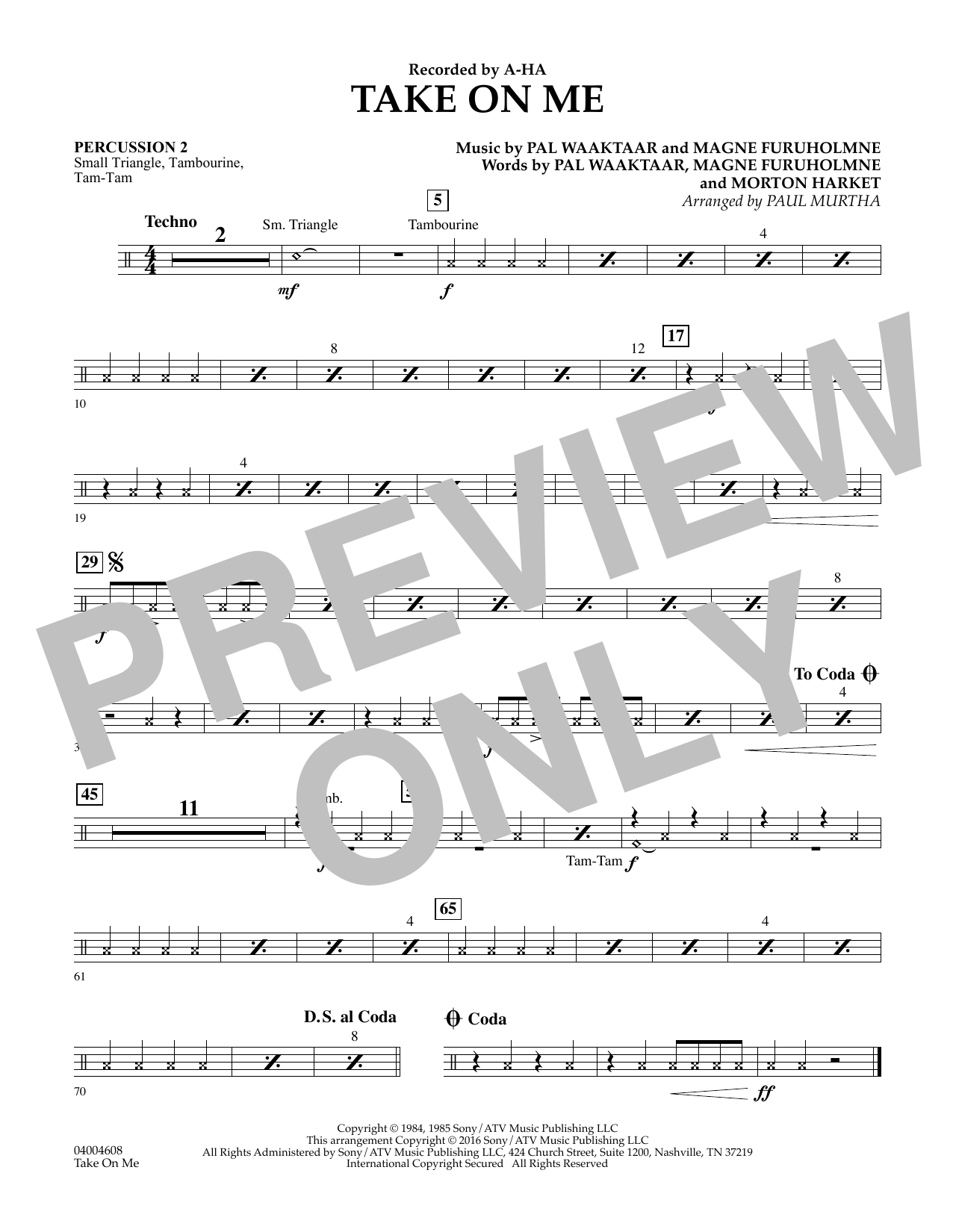 Download Paul Murtha Take on Me - Percussion 2 Sheet Music