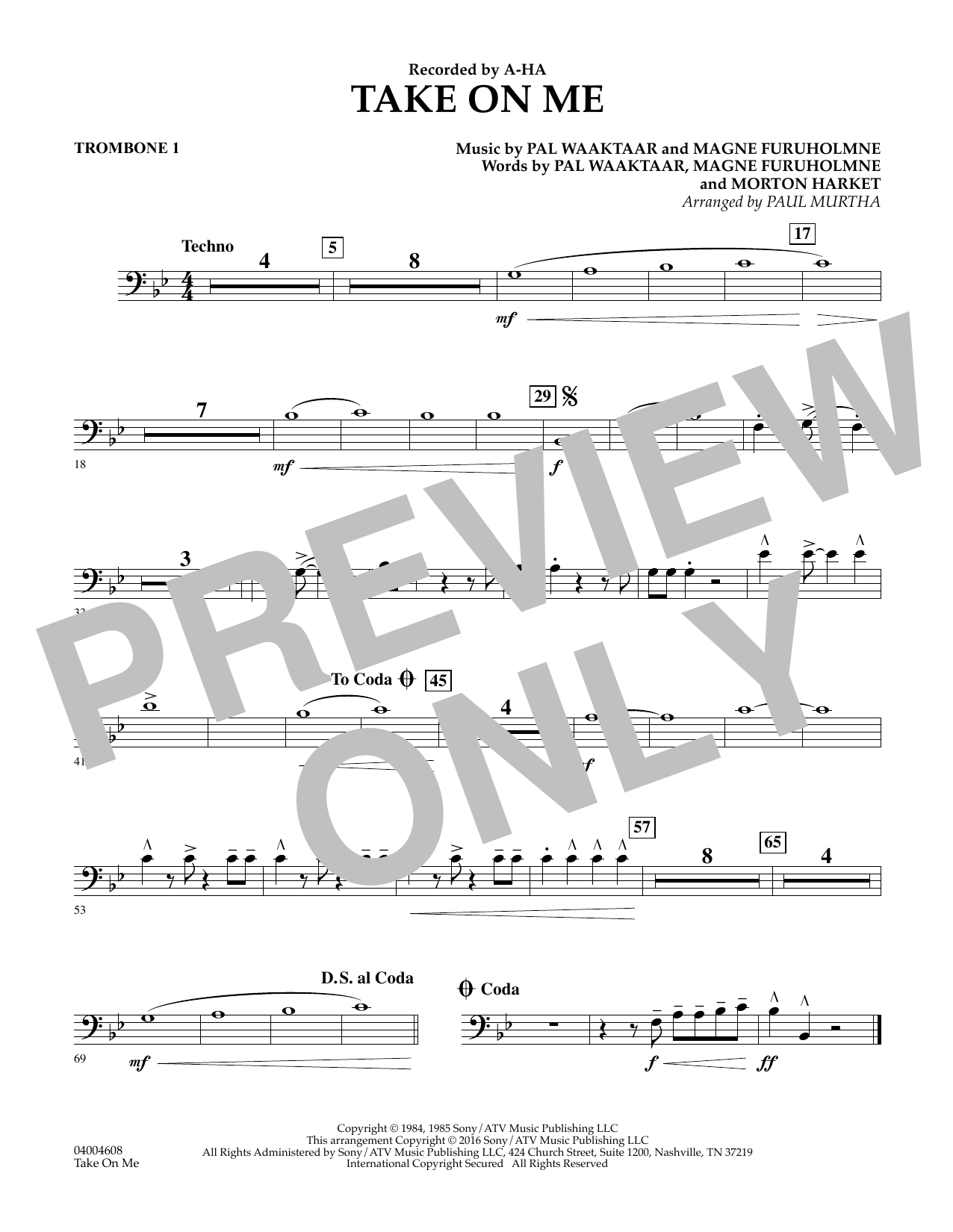 Download Paul Murtha Take on Me - Trombone 1 Sheet Music