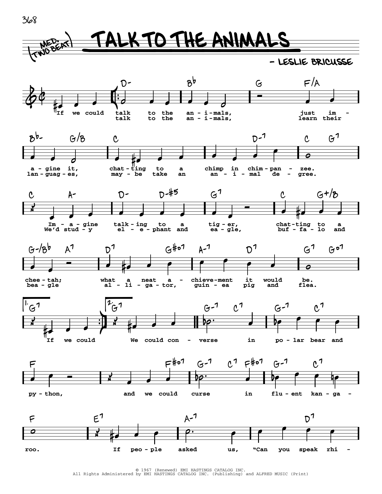 Download Leslie Bricusse Talk To The Animals (High Voice) Sheet Music
