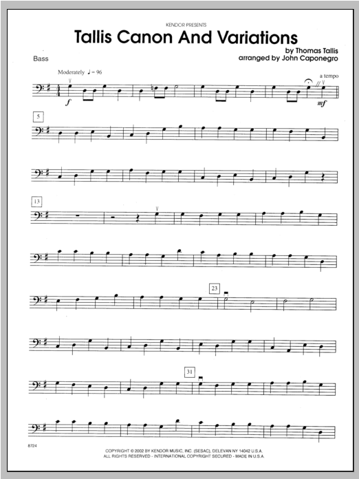 Download Caponegro Tallis Canon And Variations - Bass Sheet Music