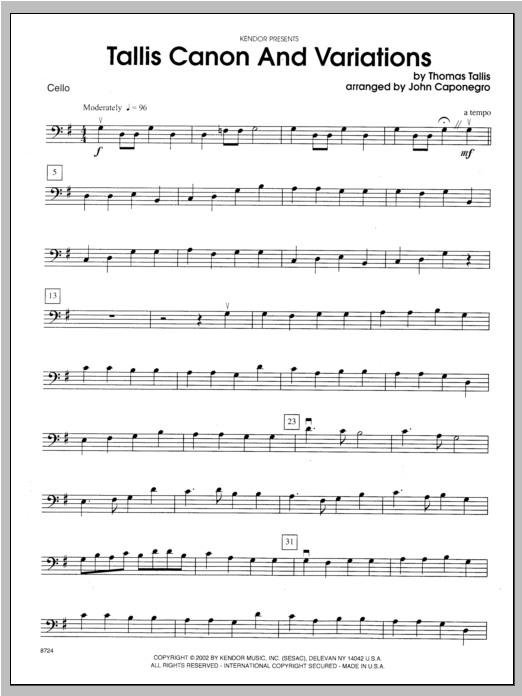Download Caponegro Tallis Canon And Variations - Cello Sheet Music