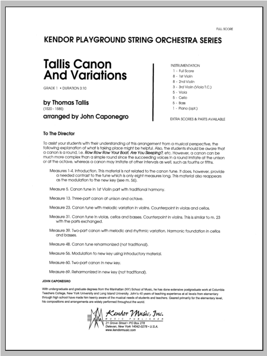 Download Caponegro Tallis Canon And Variations - Full Scor Sheet Music