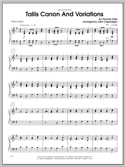 Download Caponegro Tallis Canon And Variations - Piano Sheet Music