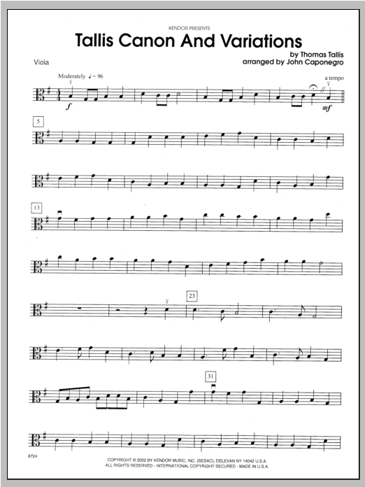 Download Caponegro Tallis Canon And Variations - Viola Sheet Music
