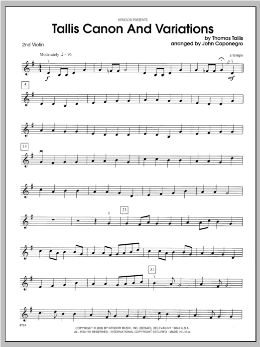 Download Caponegro Tallis Canon And Variations - Violin 2 Sheet Music