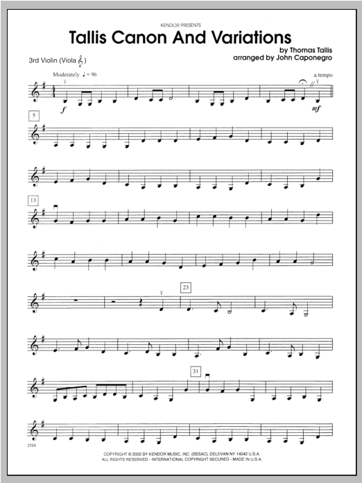 Download Caponegro Tallis Canon And Variations - Violin 3 Sheet Music