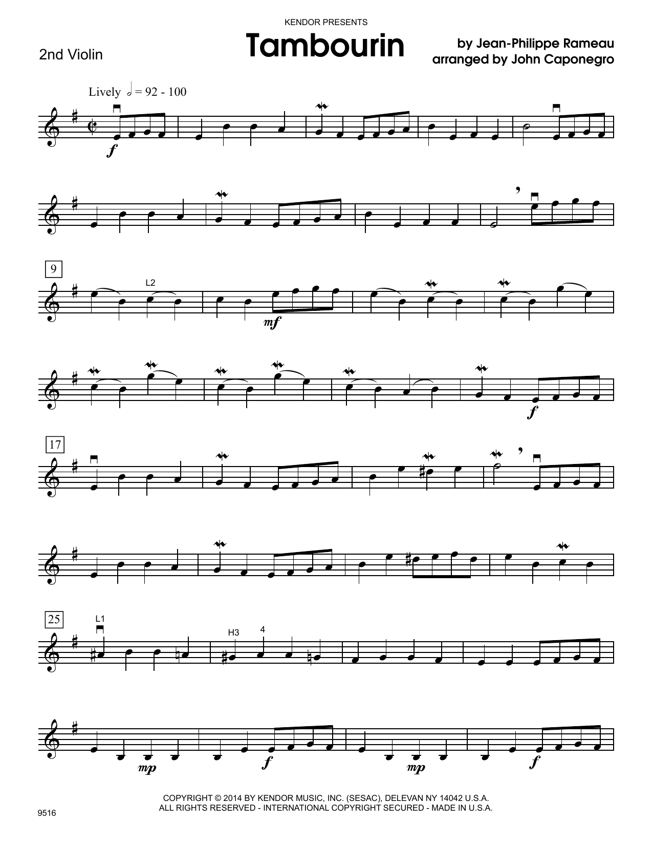 Download John Caponegro Tambourin - 2nd Violin Sheet Music