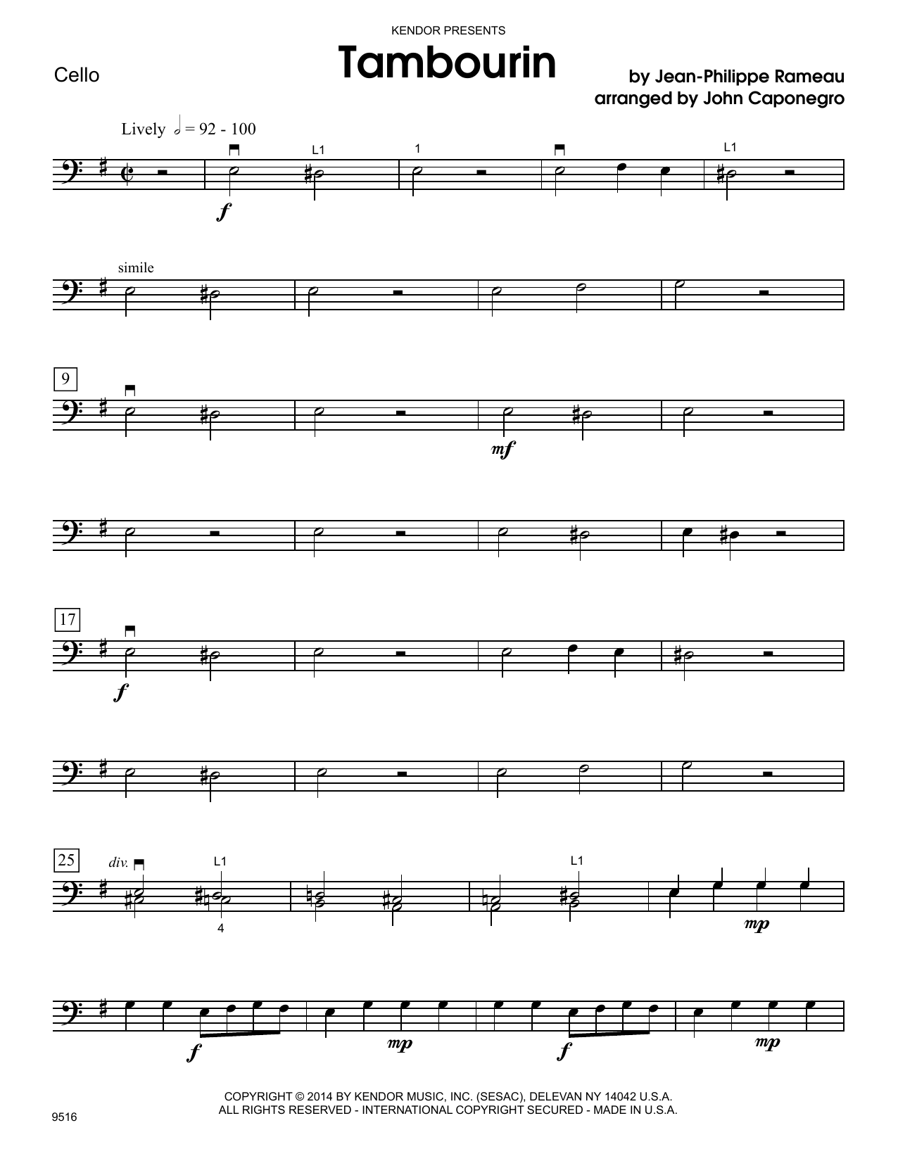Download John Caponegro Tambourin - Cello Sheet Music