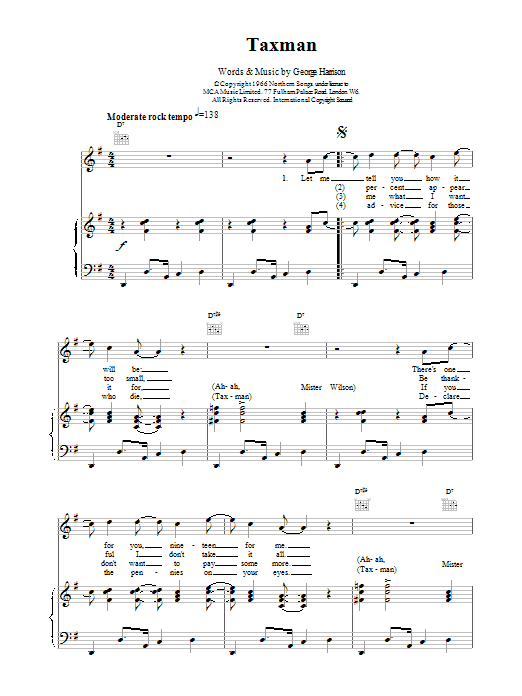 The Beatles Taxman sheet music notes printable PDF score
