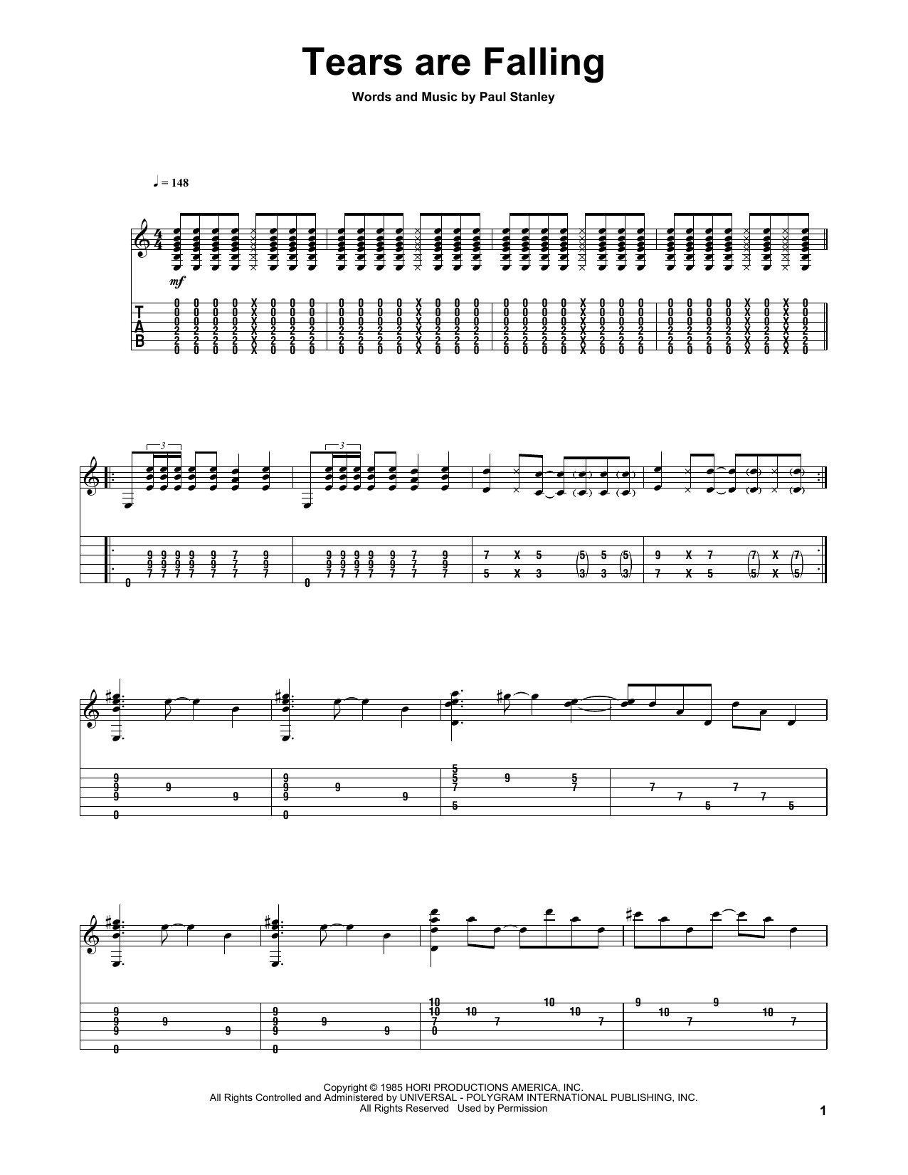 Download KISS Tears Are Falling Sheet Music