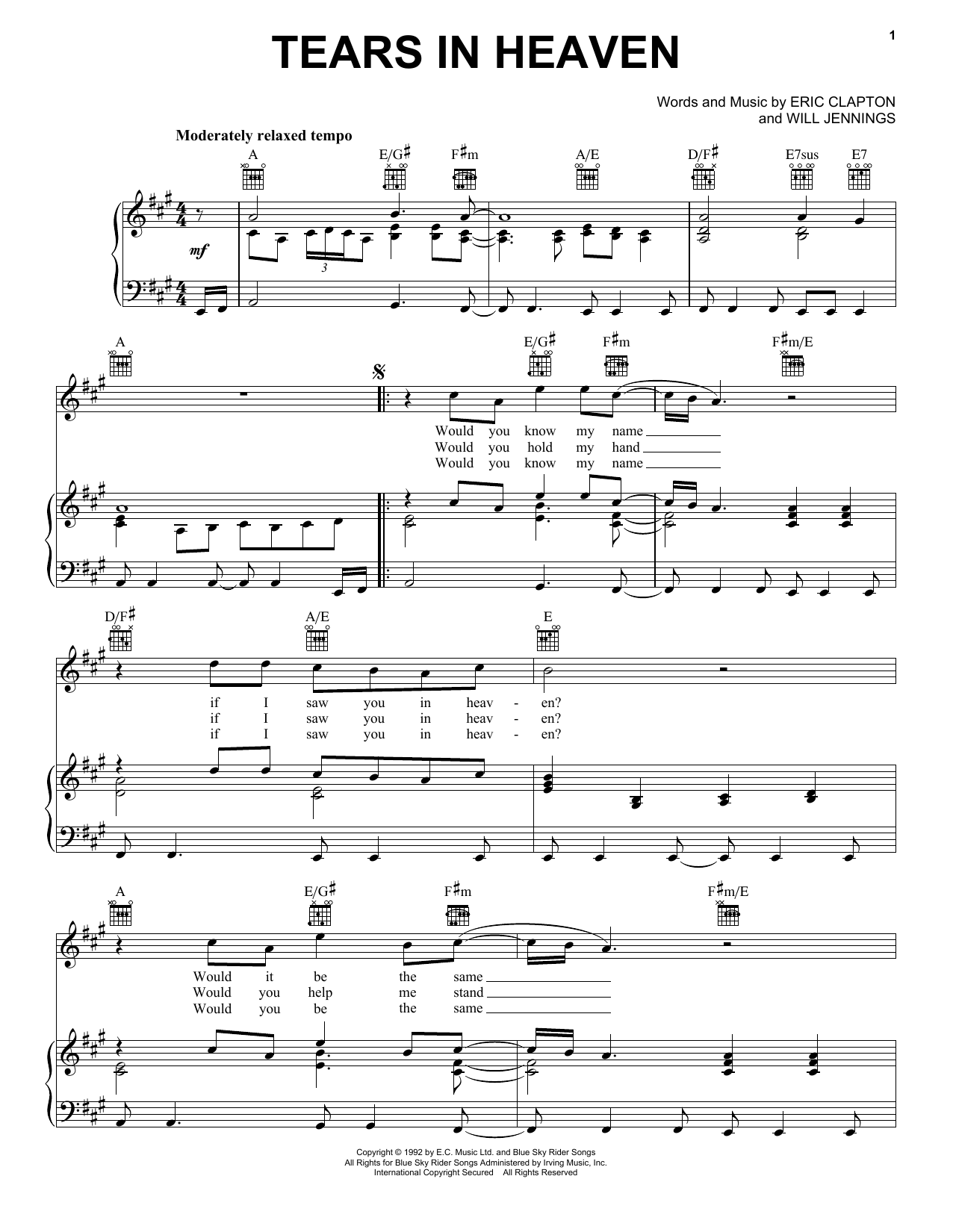 Eric Clapton Tears In Heaven sheet music notes printable PDF score