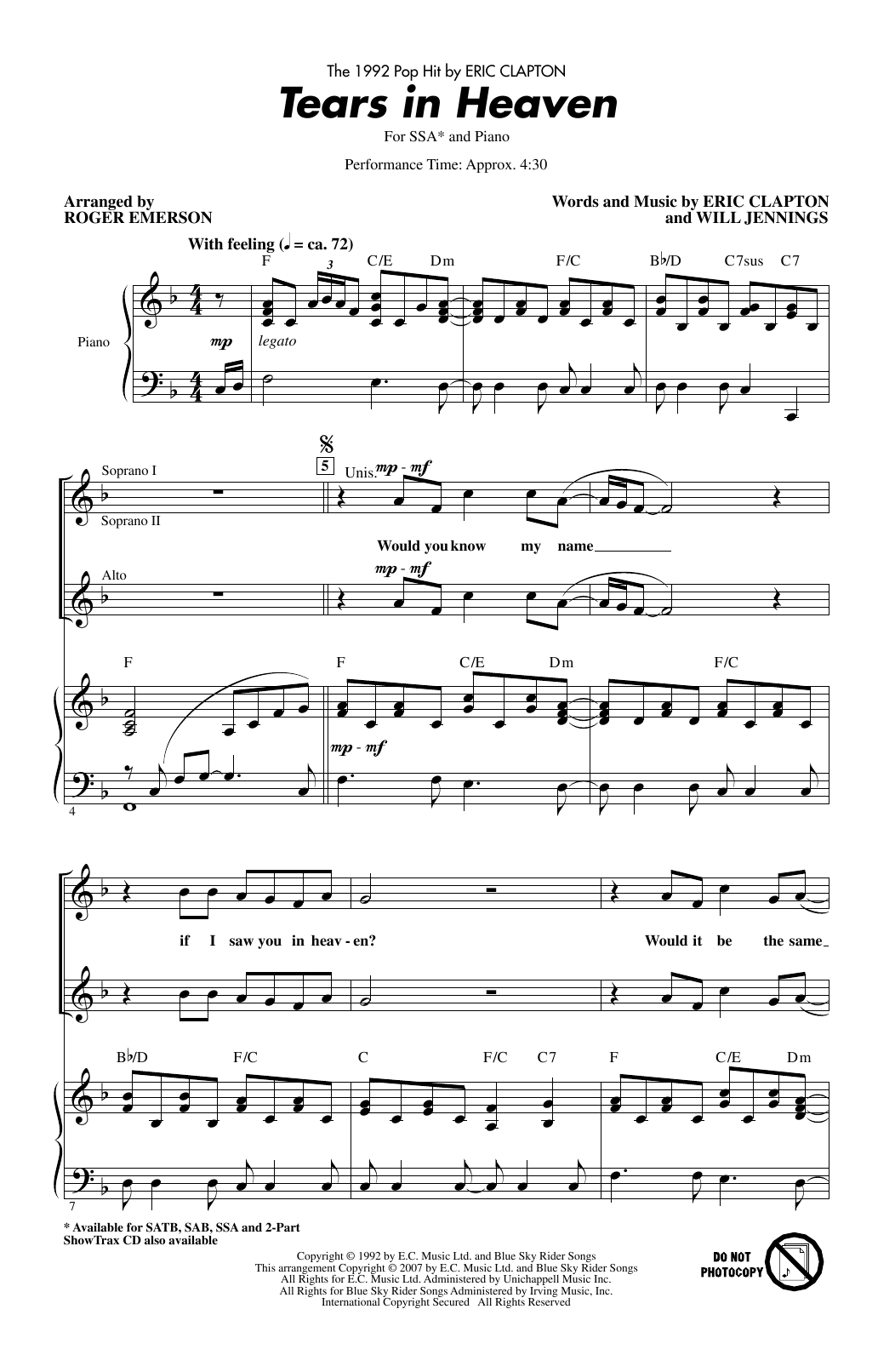 Download Eric Clapton Tears In Heaven (arr. Roger Emerson) Sheet Music