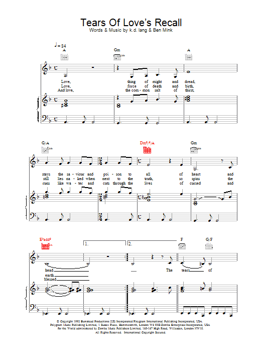 k.d. lang Tears of Love's Recall sheet music notes printable PDF score