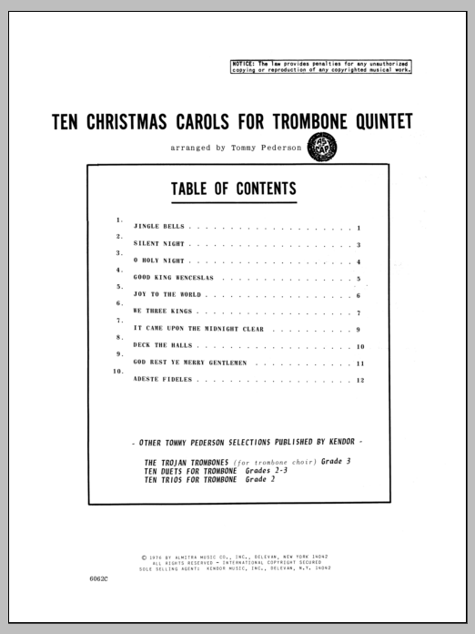 Download Pederson Ten Christmas Carols For Trombone Quint Sheet Music