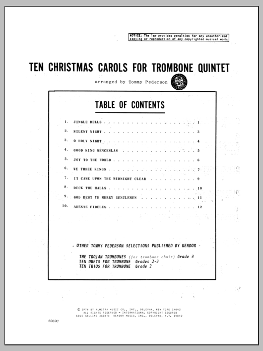 Download Pederson Ten Christmas Carols For Trombone Quint Sheet Music