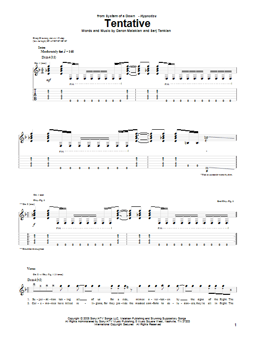 Download System Of A Down Tentative Sheet Music