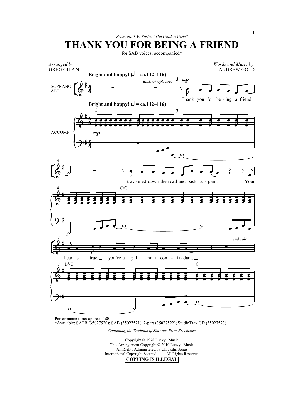 Download Andrew Gold Thank You For Being A Friend (Theme fro Sheet Music