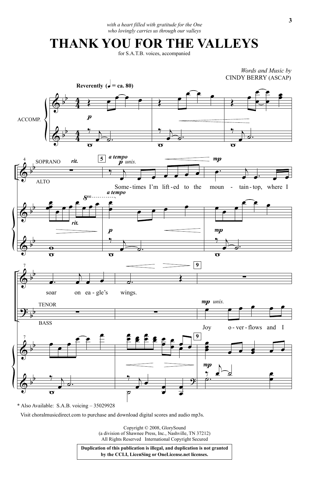 Download Cindy Berry Thank You For The Valleys Sheet Music