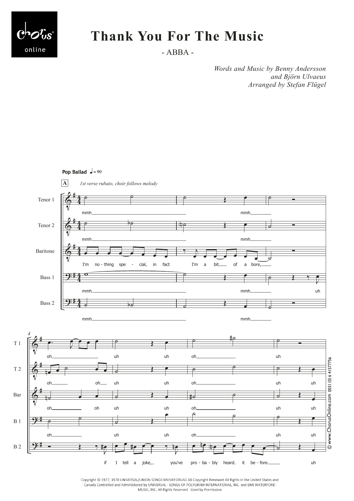 ABBA Thank You for the Music (arr. Stefan Flügel) sheet music notes printable PDF score