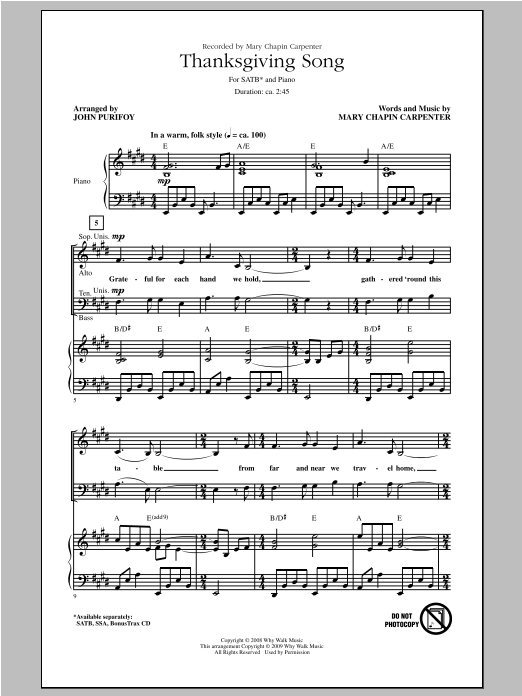 Download Mary Chapin Carpenter Thanksgiving Song (arr. John Purifoy) Sheet Music