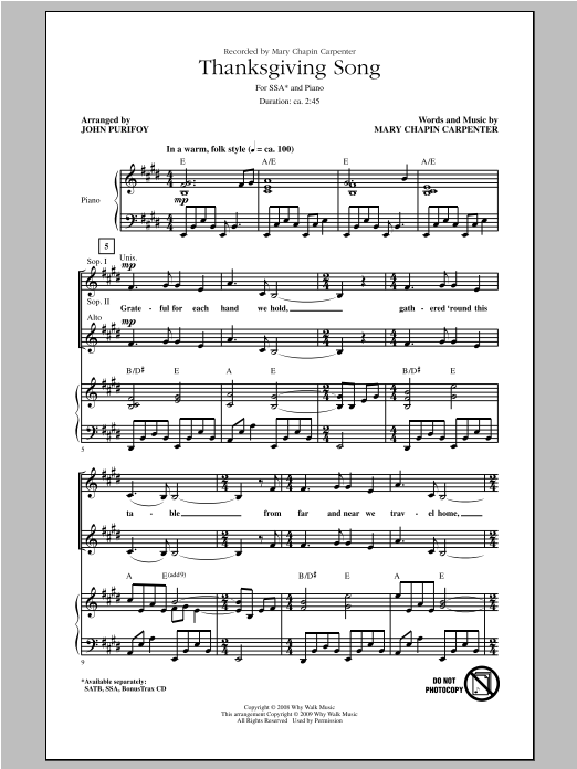 Download Mary Chapin Carpenter Thanksgiving Song (arr. John Purifoy) Sheet Music