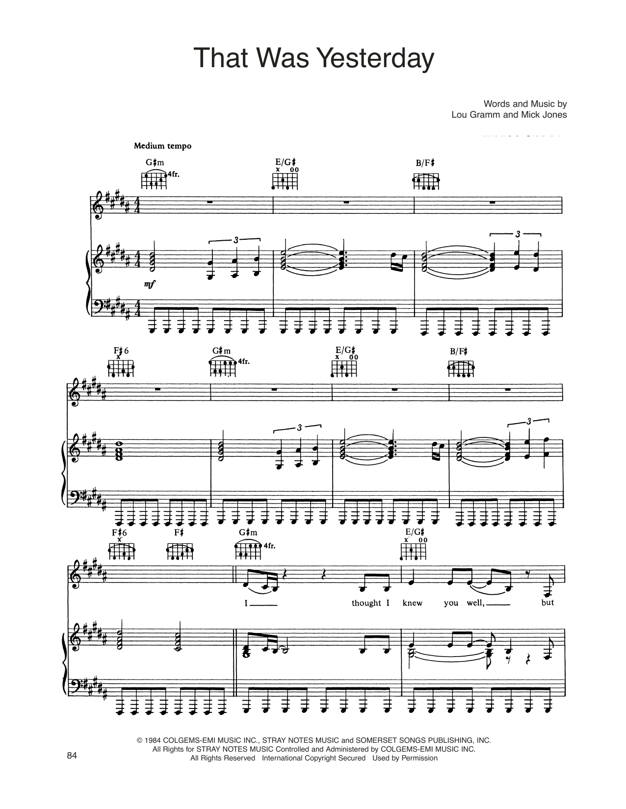 Download Foreigner That Was Yesterday Sheet Music