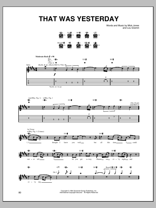 Download Foreigner That Was Yesterday Sheet Music