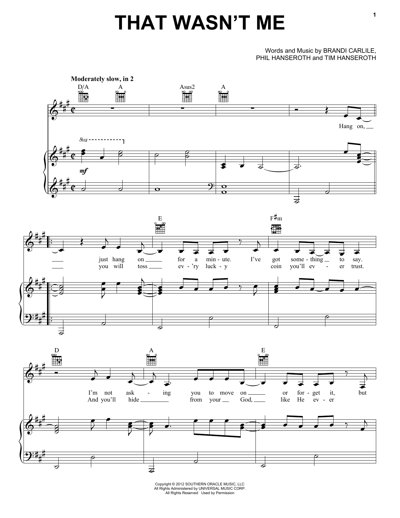 Brandi Carlile That Wasn't Me sheet music notes printable PDF score