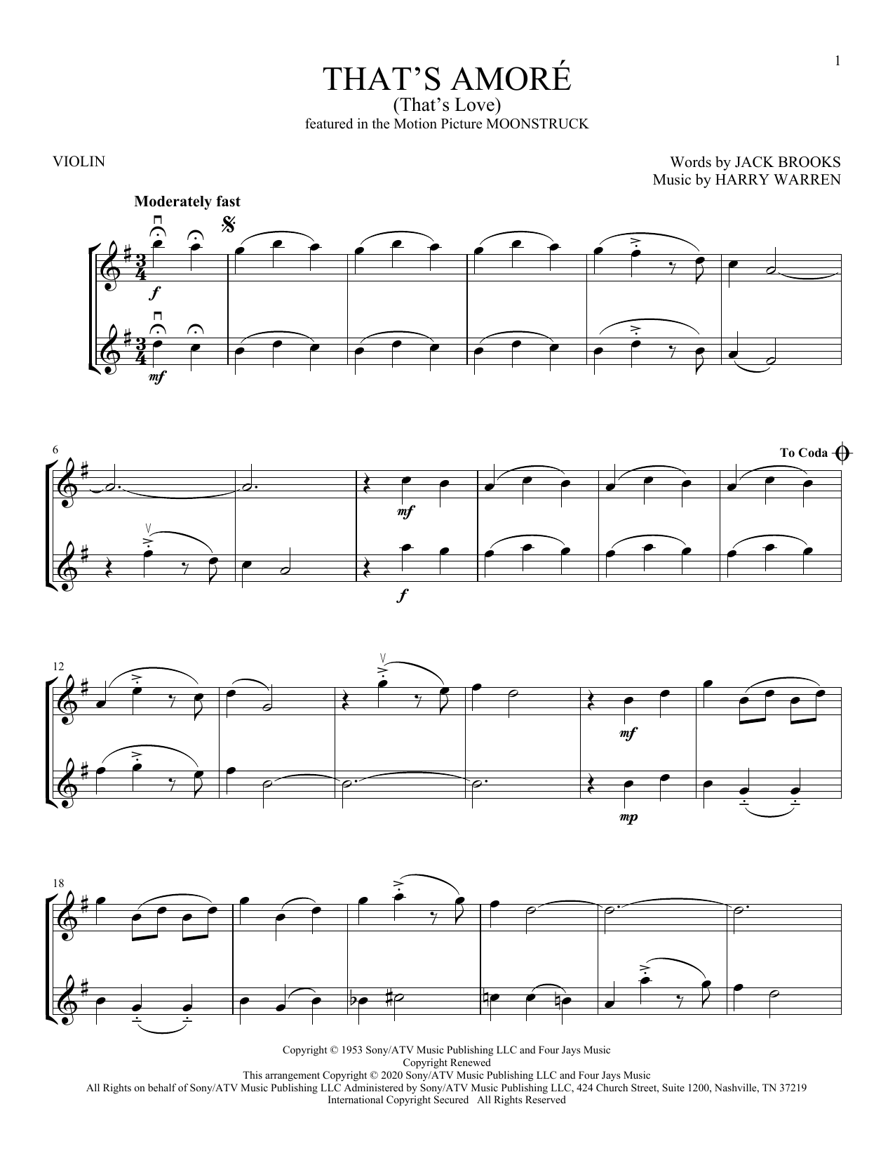 Download Dean Martin That's Amore (That's Love) Sheet Music