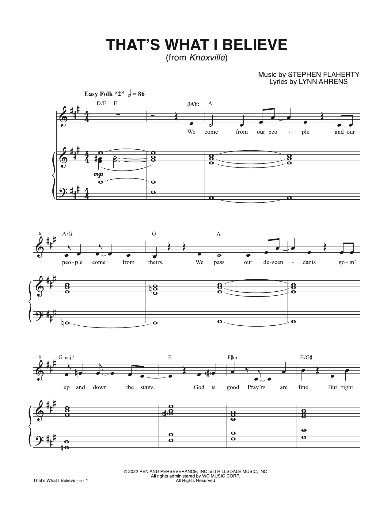 Lynn Ahrens & Stephen Flaherty That's What I Believe (from Knoxville) sheet music notes printable PDF score