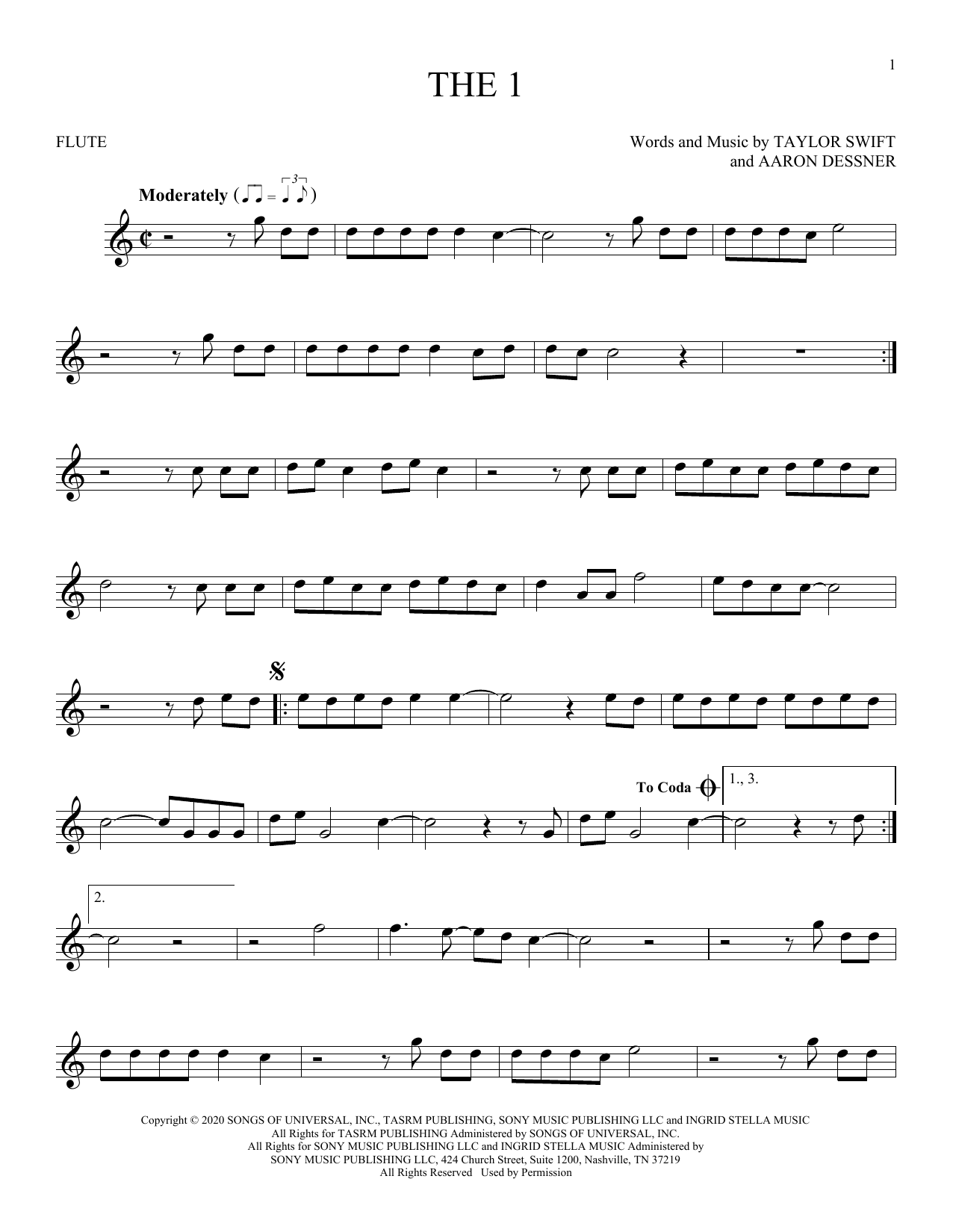 Download Taylor Swift the 1 Sheet Music