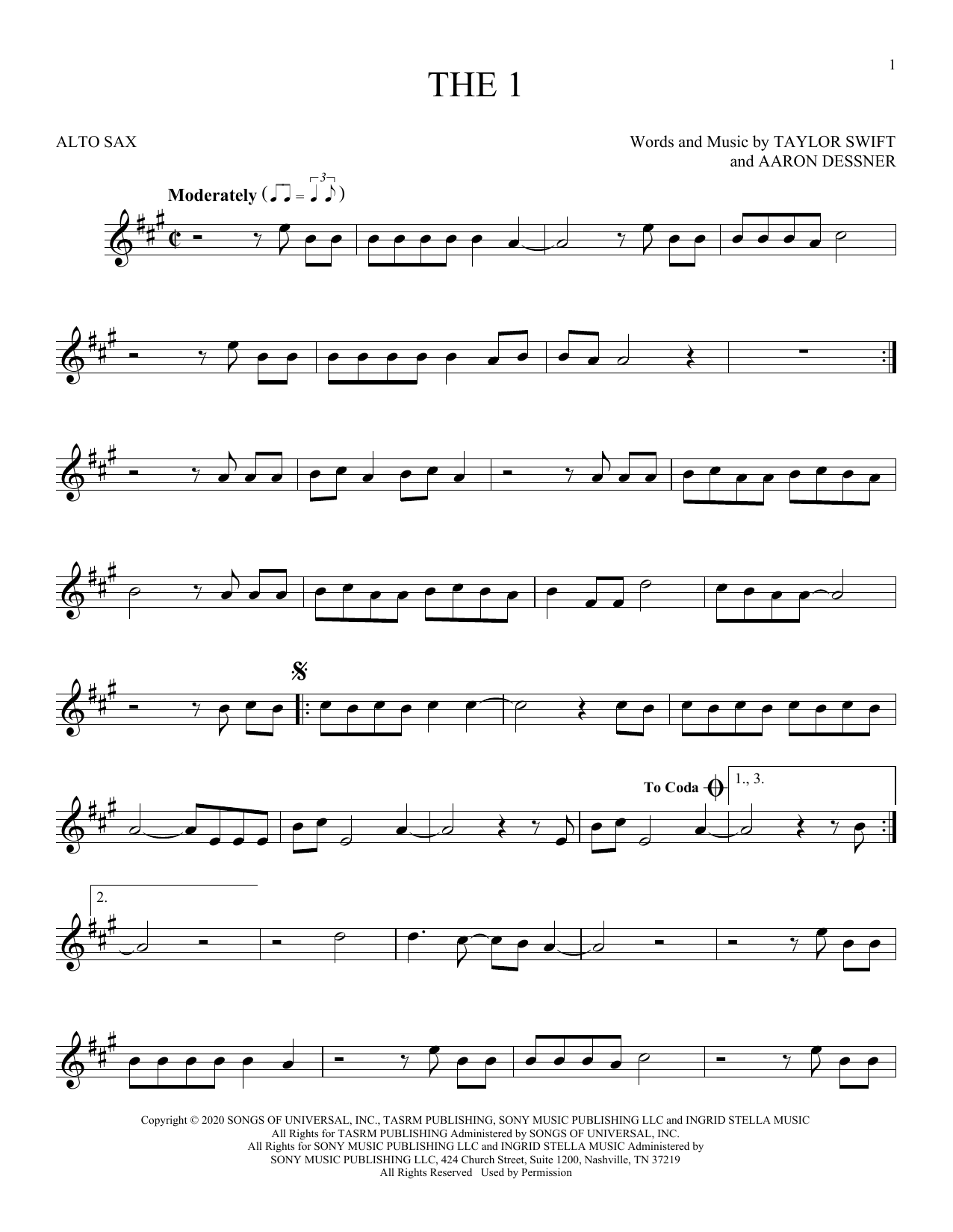 Download Taylor Swift the 1 Sheet Music
