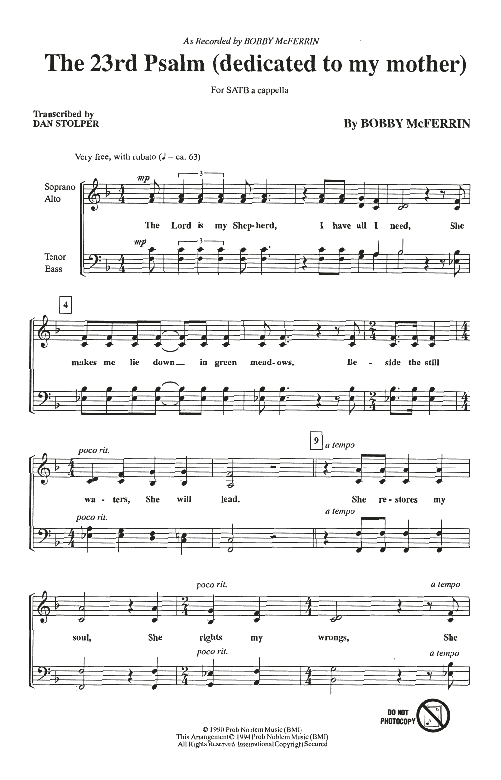 Download Bobby McFerrin The 23rd Psalm (Dedicated To My Mother) Sheet Music
