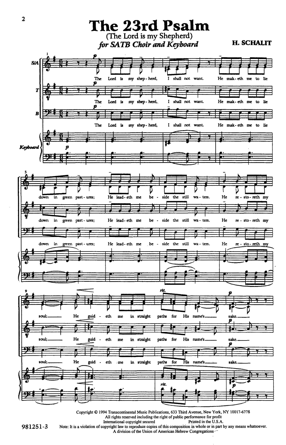 Download Heinrich Schalit The 23rd Psalm Sheet Music