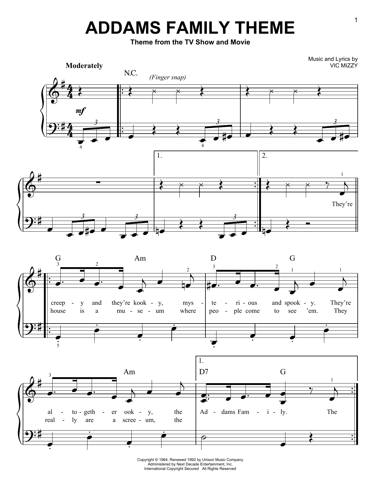 Download Vic Mizzy The Addams Family Theme Sheet Music