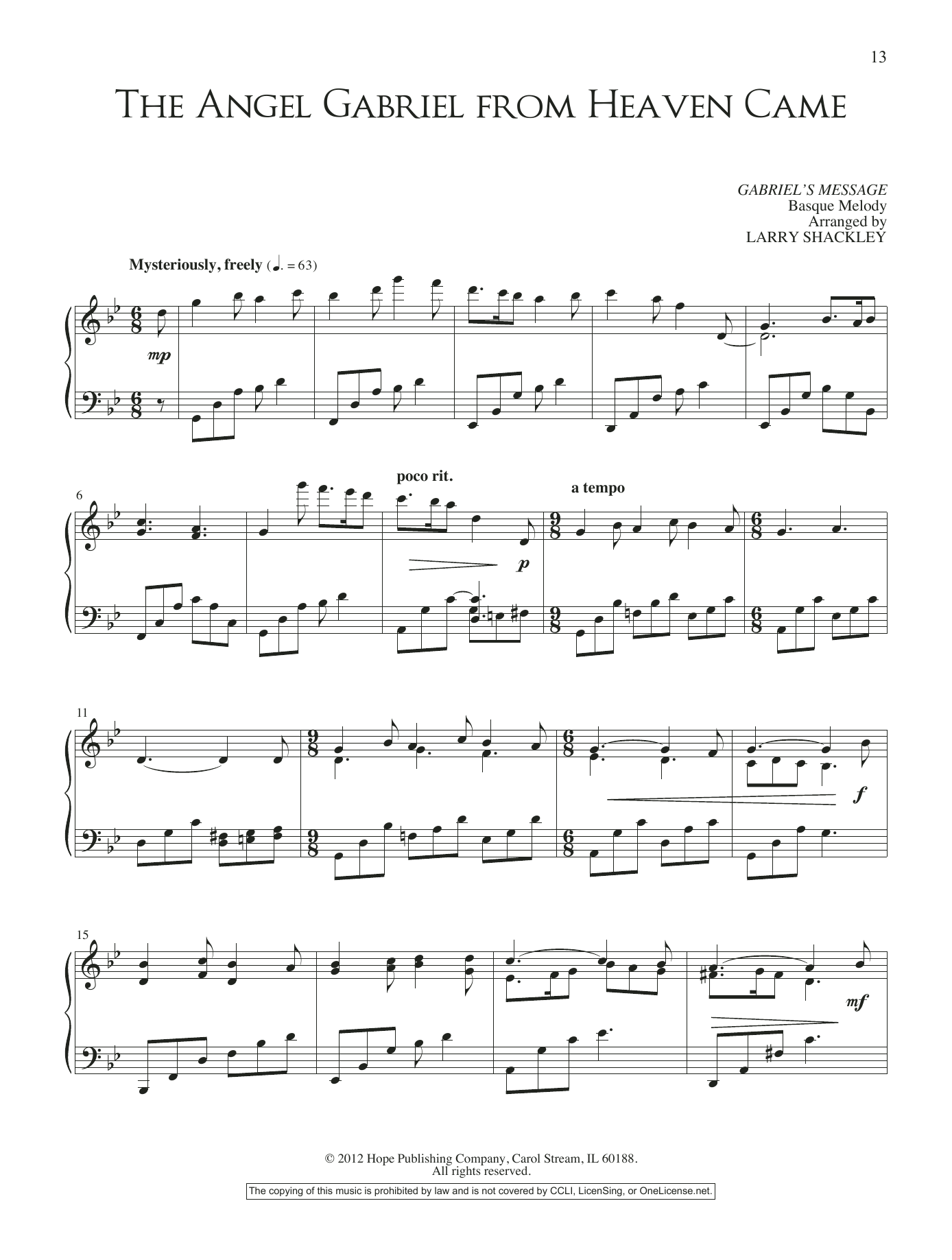 Download Larry Shackley The Angel Gabriel From Heaven Came Sheet Music