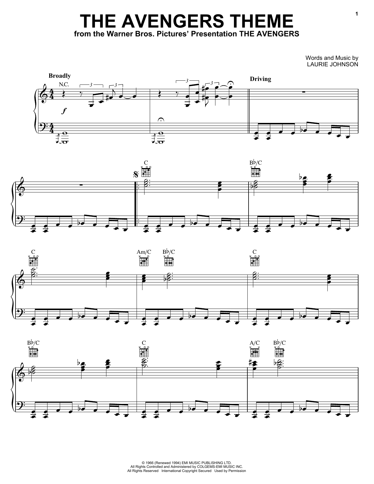 Download Laurie Johnson The Avengers Theme Sheet Music