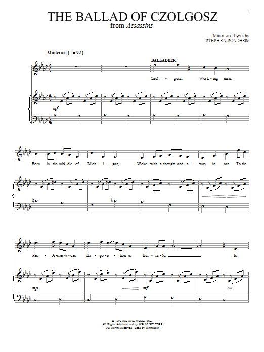 Download Stephen Sondheim The Ballad Of Czolgosz (Part I) Sheet Music