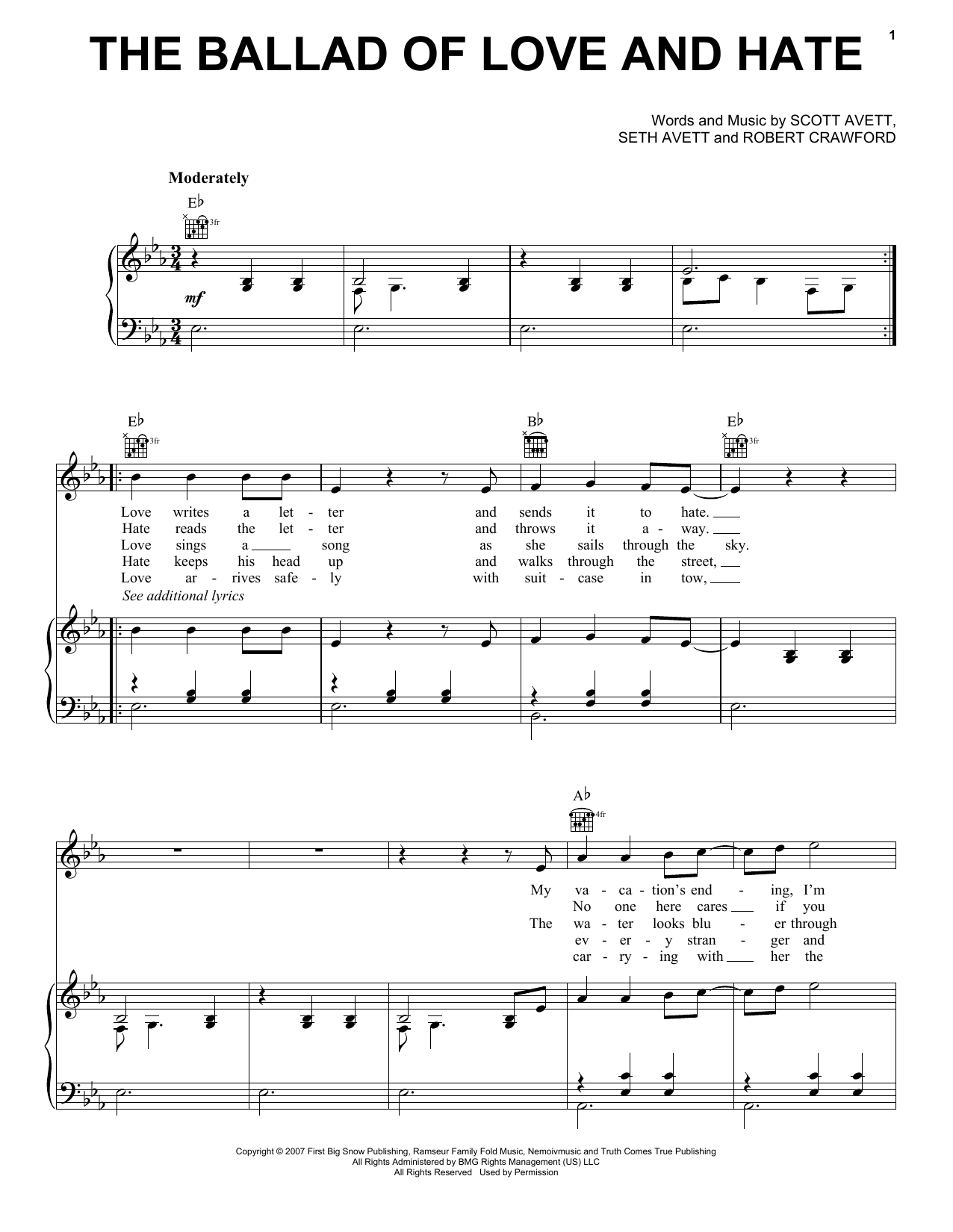 Download The Avett Brothers The Ballad Of Love And Hate Sheet Music