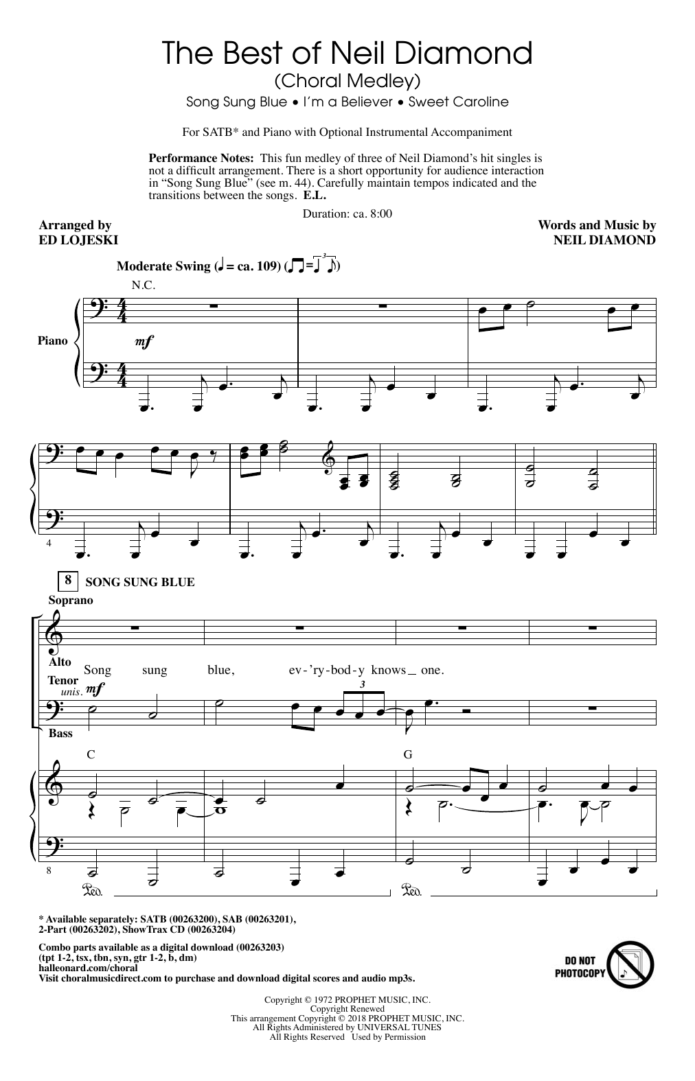 Download Ed Lojeski The Best of Neil Diamond (Choral Medley Sheet Music